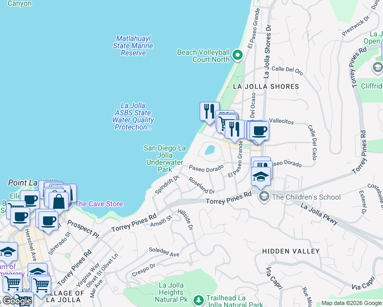 map of restaurants, bars, coffee shops, grocery stores, and more near 2000 Spindrift Drive in San Diego