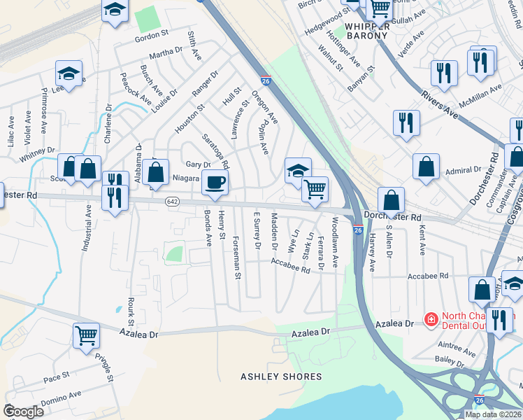 map of restaurants, bars, coffee shops, grocery stores, and more near 2705 East Surrey Drive in North Charleston