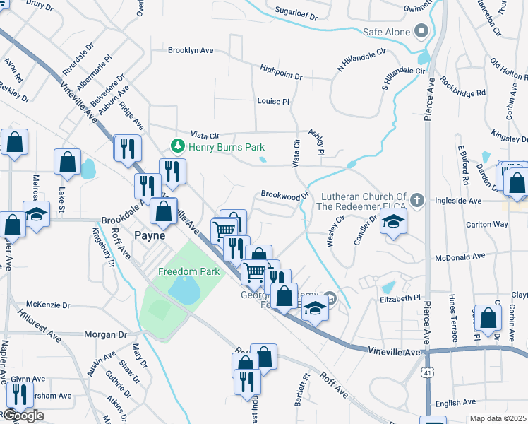 map of restaurants, bars, coffee shops, grocery stores, and more near 250 Crumps Park Avenue in Macon