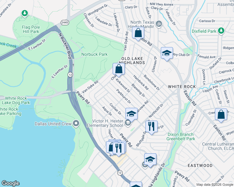 map of restaurants, bars, coffee shops, grocery stores, and more near 455 Parkhurst Drive in Dallas