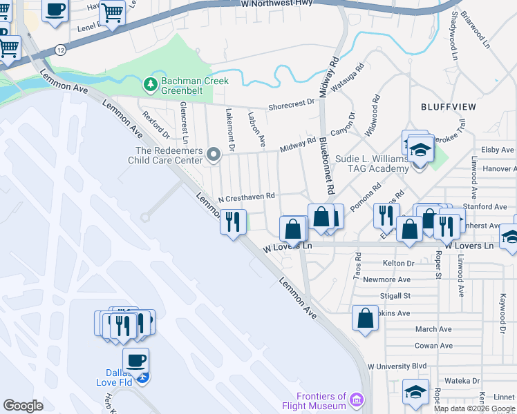 map of restaurants, bars, coffee shops, grocery stores, and more near 4021 Adrian Drive in Dallas