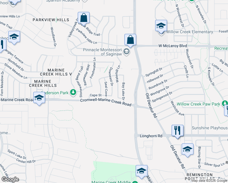 map of restaurants, bars, coffee shops, grocery stores, and more near 6337 Waterhill Lane in Fort Worth
