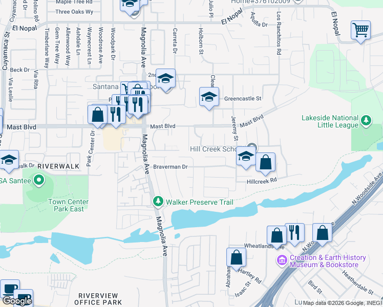 map of restaurants, bars, coffee shops, grocery stores, and more near 9647 Bundy Drive in Santee