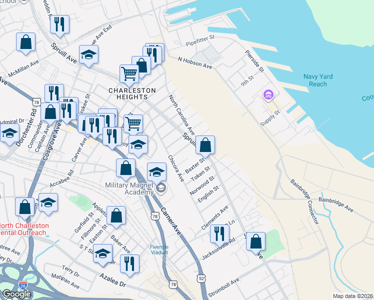 map of restaurants, bars, coffee shops, grocery stores, and more near 1919 Iris Street in North Charleston