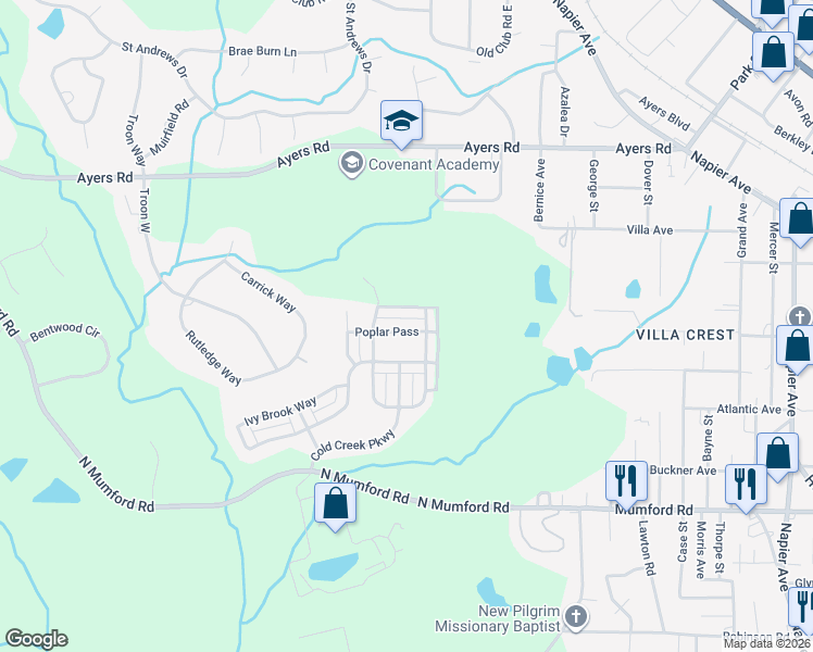 map of restaurants, bars, coffee shops, grocery stores, and more near 128 Poplar Pass in Macon