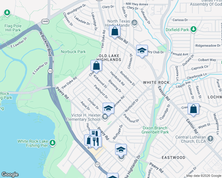 map of restaurants, bars, coffee shops, grocery stores, and more near 511 Kirkwood Drive in Dallas