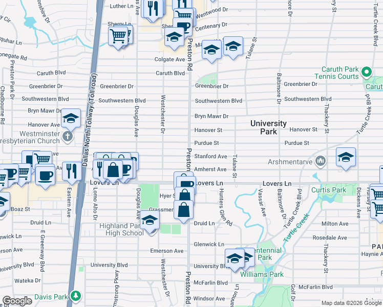map of restaurants, bars, coffee shops, grocery stores, and more near 4084 Stanford Avenue in Dallas