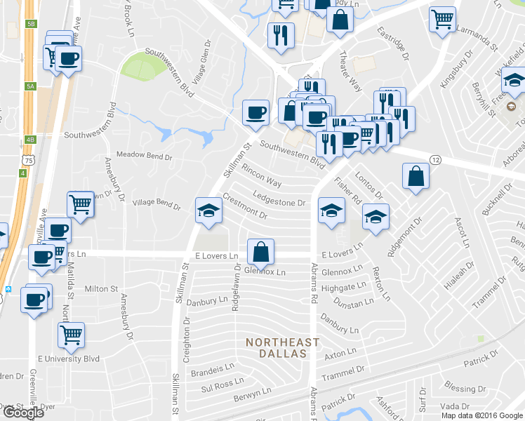 map of restaurants, bars, coffee shops, grocery stores, and more near 6221 Crestmont Drive in Dallas