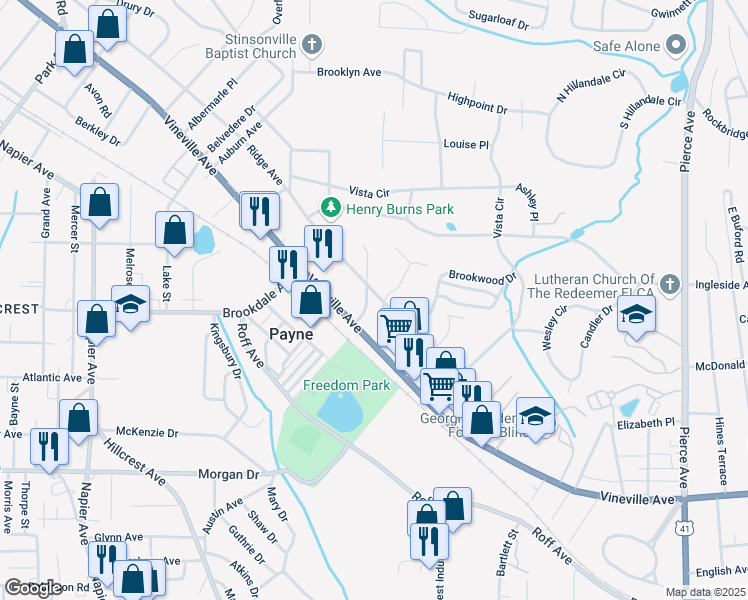 map of restaurants, bars, coffee shops, grocery stores, and more near 3180 Ridge Avenue in Macon