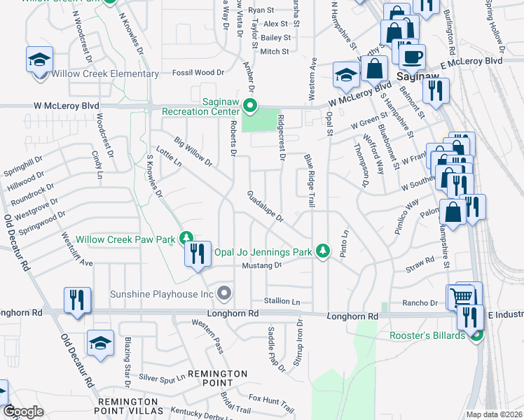map of restaurants, bars, coffee shops, grocery stores, and more near 428 Guadalupe Drive in Saginaw