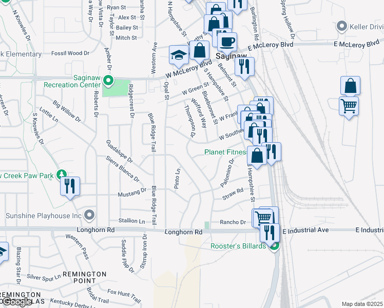 map of restaurants, bars, coffee shops, grocery stores, and more near 525 Thompson Drive in Saginaw