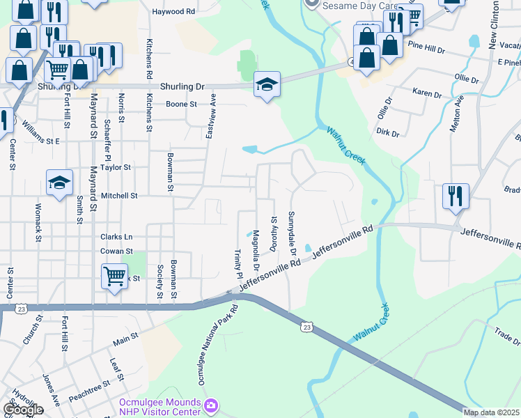 map of restaurants, bars, coffee shops, grocery stores, and more near 931 Magnolia Drive in Macon