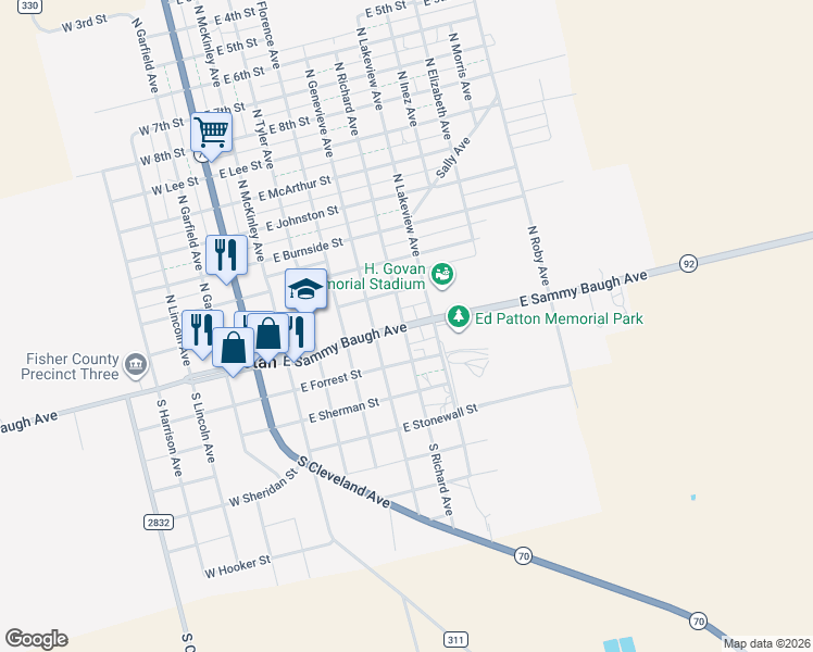 map of restaurants, bars, coffee shops, grocery stores, and more near 606 East Sammy Baugh Avenue in Rotan