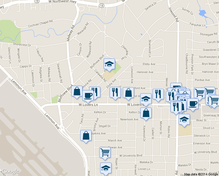 map of restaurants, bars, coffee shops, grocery stores, and more near 4616 Stanford Avenue in Dallas