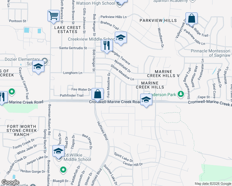 map of restaurants, bars, coffee shops, grocery stores, and more near 6320 Longmont Trail in Fort Worth