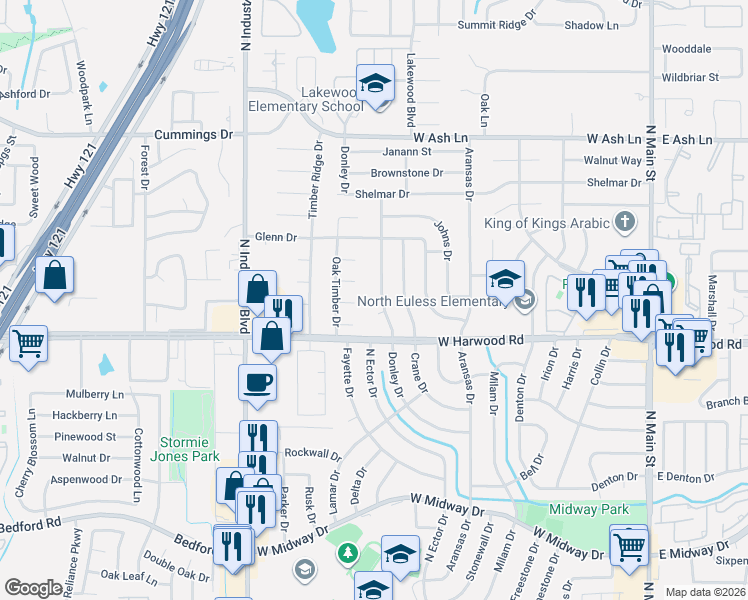 map of restaurants, bars, coffee shops, grocery stores, and more near 801 Woodberry Court in Euless