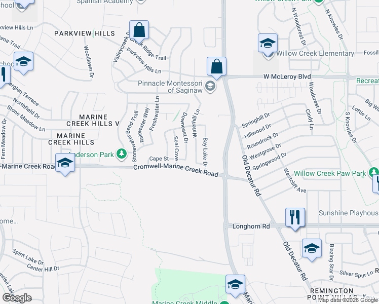 map of restaurants, bars, coffee shops, grocery stores, and more near 6337 Waterhill Lane in Fort Worth
