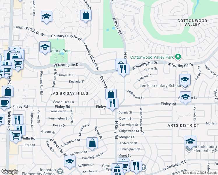 map of restaurants, bars, coffee shops, grocery stores, and more near 3602 Country Club Road North in Irving