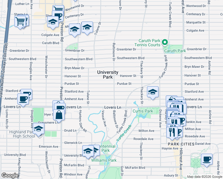 map of restaurants, bars, coffee shops, grocery stores, and more near 3745 Stanford Avenue in Dallas