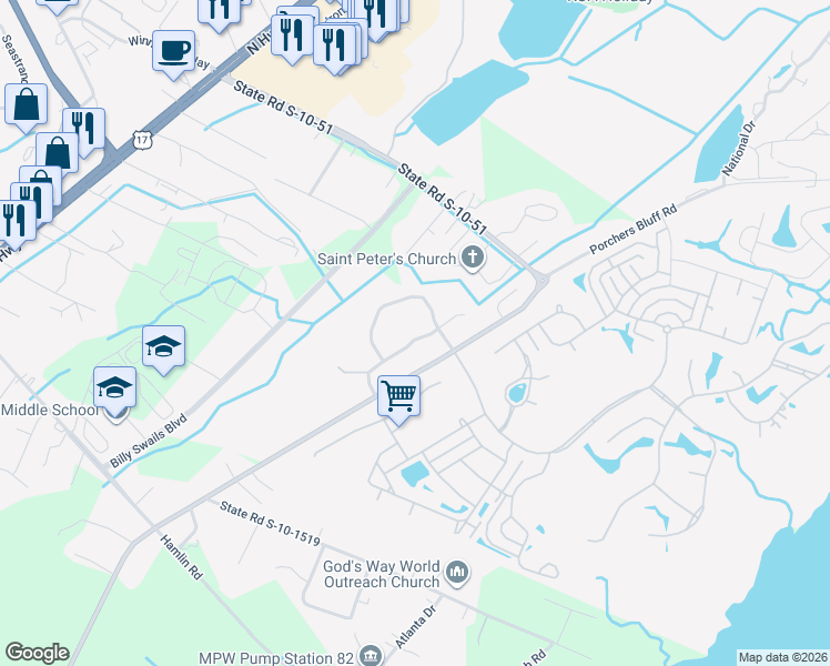 map of restaurants, bars, coffee shops, grocery stores, and more near 2907 Woodland Park Drive in Mount Pleasant