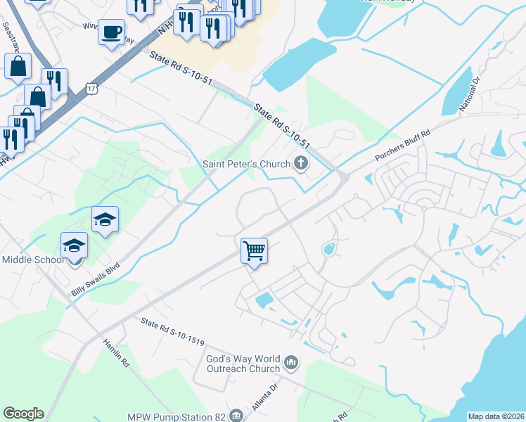 map of restaurants, bars, coffee shops, grocery stores, and more near 2899 Woodland Park Drive in Mount Pleasant