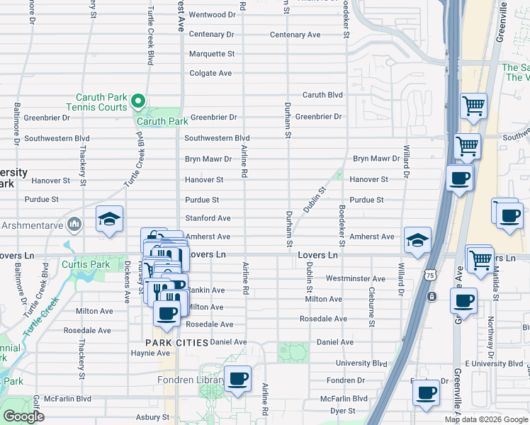 map of restaurants, bars, coffee shops, grocery stores, and more near 3128 Stanford Avenue in Dallas