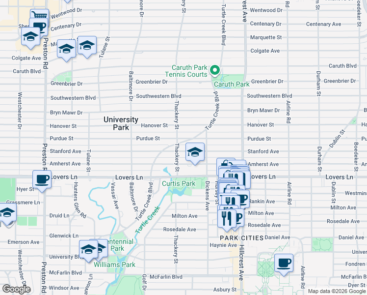 map of restaurants, bars, coffee shops, grocery stores, and more near 3544 Stanford Avenue in Dallas