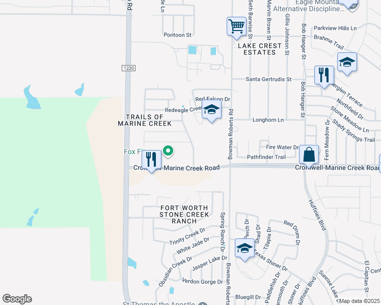 map of restaurants, bars, coffee shops, grocery stores, and more near 6616 Cascade Canyon Trail in Fort Worth