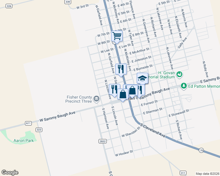 map of restaurants, bars, coffee shops, grocery stores, and more near 204 North Lincoln Avenue in Rotan