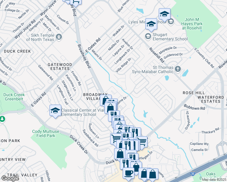 map of restaurants, bars, coffee shops, grocery stores, and more near 5130 Broadway Boulevard in Garland