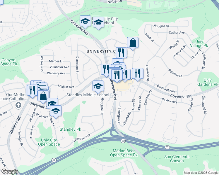 map of restaurants, bars, coffee shops, grocery stores, and more near 6350 Genesee Avenue in San Diego