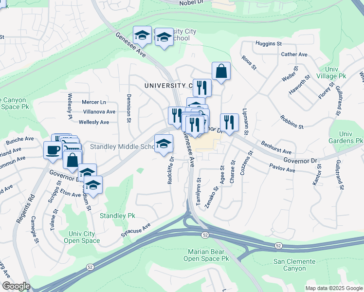 map of restaurants, bars, coffee shops, grocery stores, and more near 6210 Agee Street in San Diego