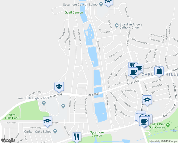 map of restaurants, bars, coffee shops, grocery stores, and more near 8988 New Seabury Drive in Santee