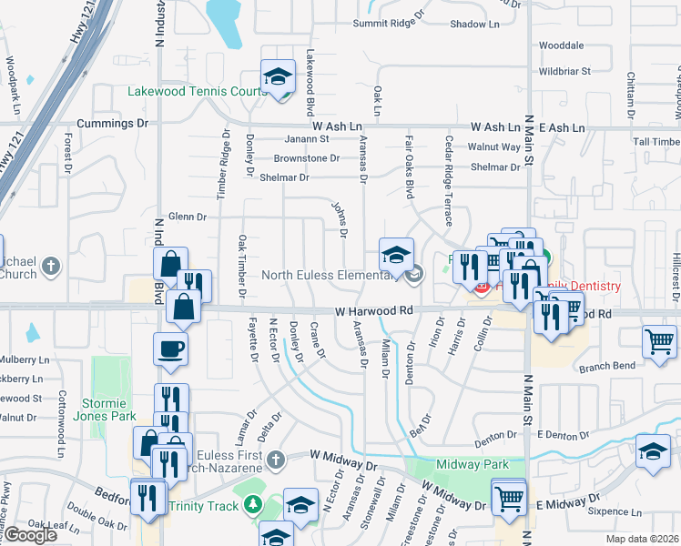 map of restaurants, bars, coffee shops, grocery stores, and more near 1115 Glenn Drive in Euless