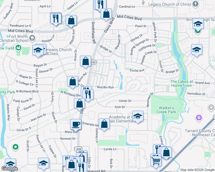 map of restaurants, bars, coffee shops, grocery stores, and more near 8004 Red River Run in North Richland Hills