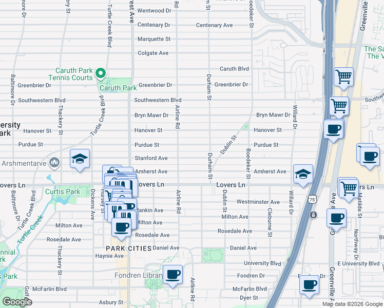 map of restaurants, bars, coffee shops, grocery stores, and more near 3128 Stanford Avenue in Dallas