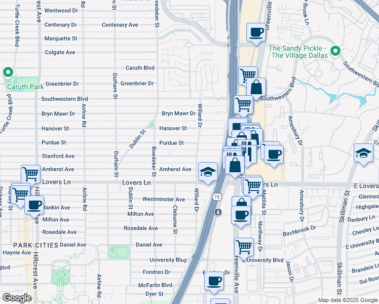 map of restaurants, bars, coffee shops, grocery stores, and more near 2708 Stanford Avenue in Dallas