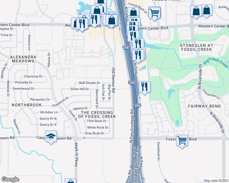 map of restaurants, bars, coffee shops, grocery stores, and more near 5998 Old Denton Road in Fort Worth