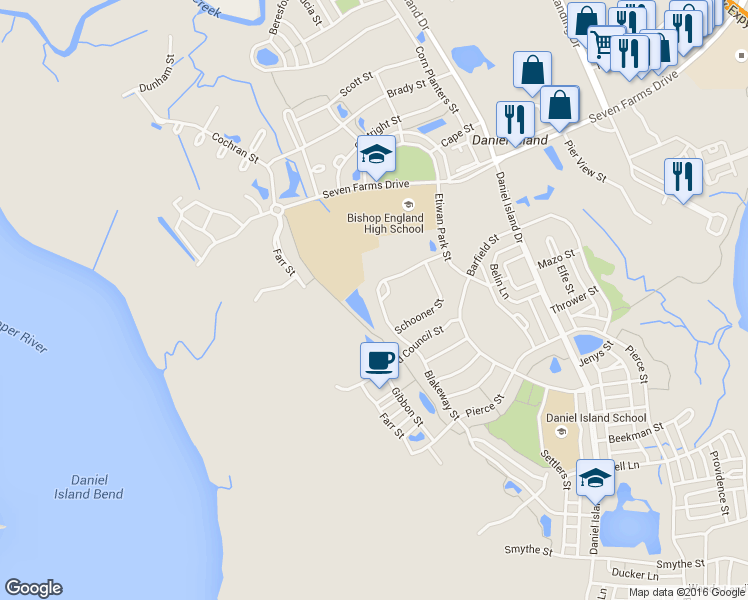 map of restaurants, bars, coffee shops, grocery stores, and more near 1066 Blakeway Street in Charleston