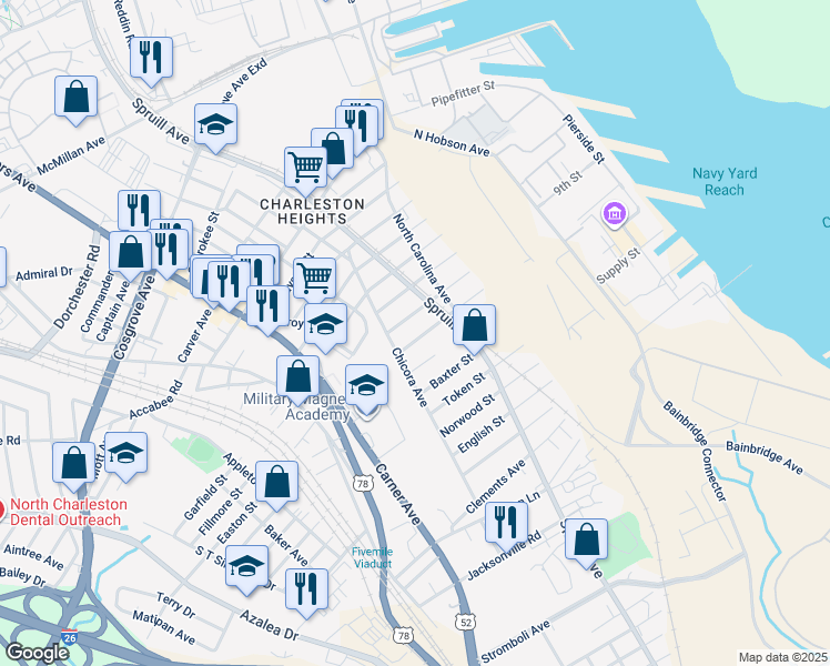 map of restaurants, bars, coffee shops, grocery stores, and more near 1919 Iris Street in North Charleston