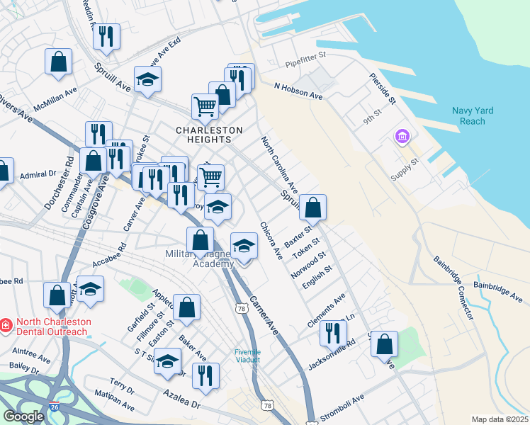 map of restaurants, bars, coffee shops, grocery stores, and more near 3047 Chicora Avenue in North Charleston