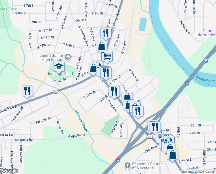 map of restaurants, bars, coffee shops, grocery stores, and more near 1810 Broad Avenue in Lanett