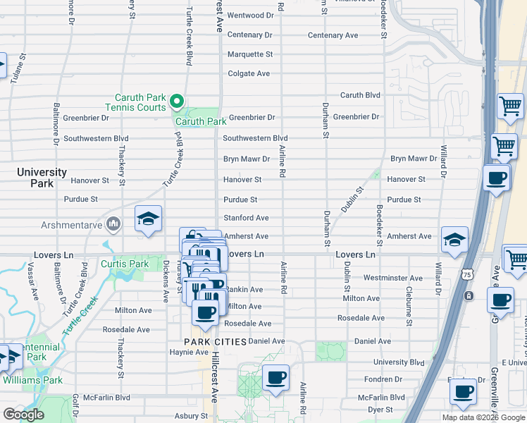 map of restaurants, bars, coffee shops, grocery stores, and more near 3237 Stanford Avenue in Dallas