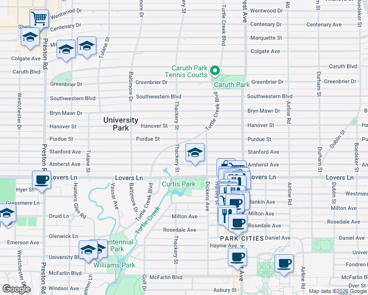 map of restaurants, bars, coffee shops, grocery stores, and more near 3544 Stanford Avenue in Dallas