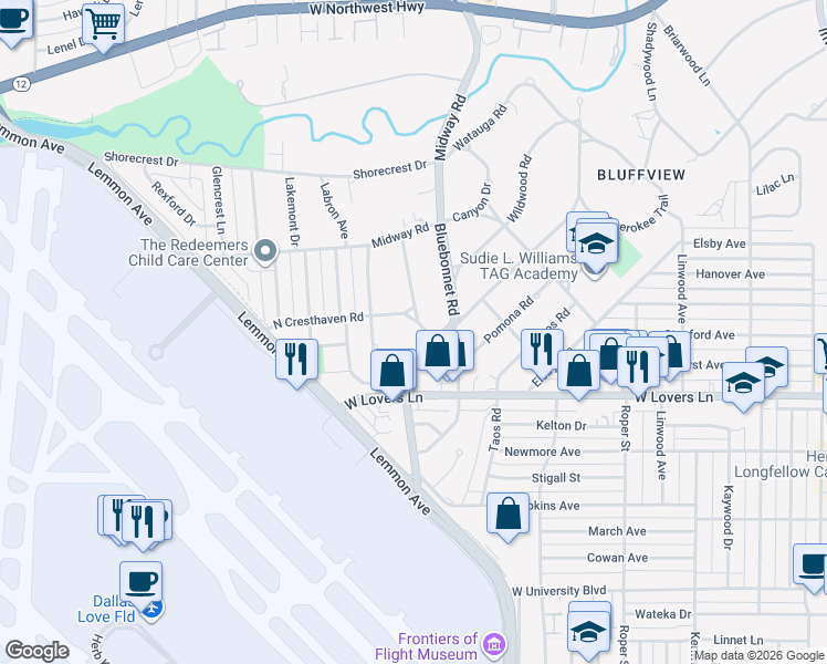 map of restaurants, bars, coffee shops, grocery stores, and more near 4225 Bluffview Boulevard in Dallas