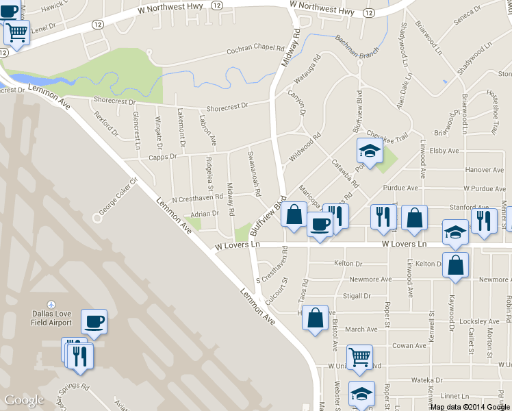 map of restaurants, bars, coffee shops, grocery stores, and more near 4225 Bluffview Boulevard in Dallas