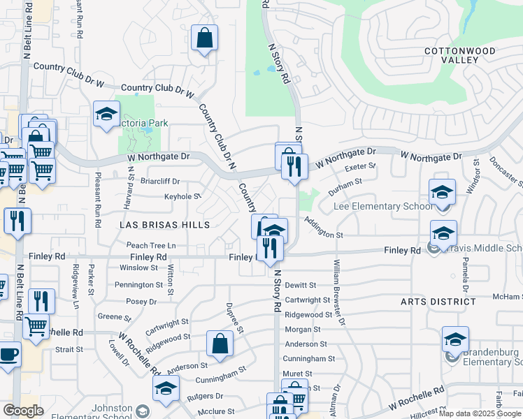 map of restaurants, bars, coffee shops, grocery stores, and more near 3501 Country Club Road North in Irving