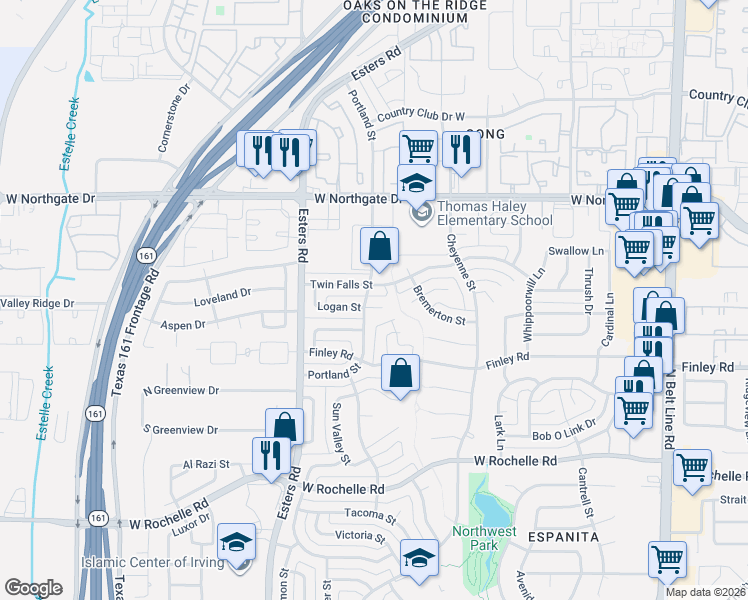 map of restaurants, bars, coffee shops, grocery stores, and more near 4036 Portland Street in Irving