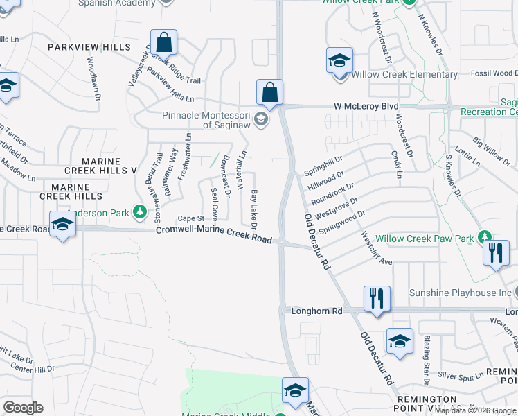 map of restaurants, bars, coffee shops, grocery stores, and more near 6328 Bay Lake Drive in Fort Worth