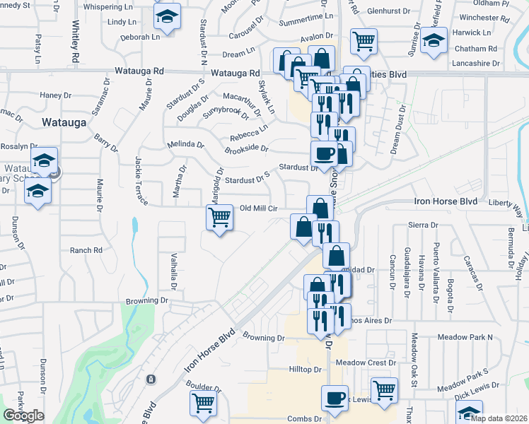 map of restaurants, bars, coffee shops, grocery stores, and more near 6472 Old Mill Circle in Watauga